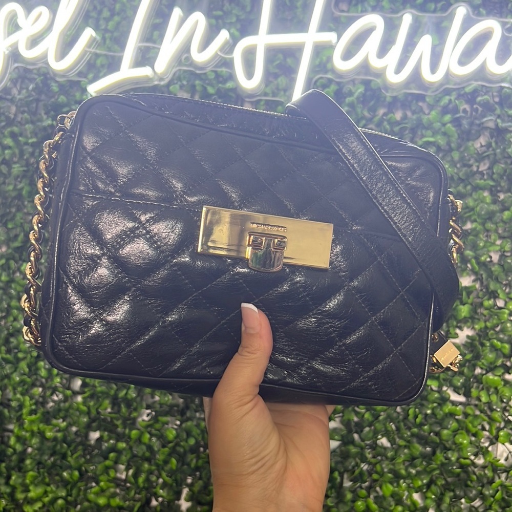 Michael Kors Black Quilted Leather Susannah Lock Messenger Bag